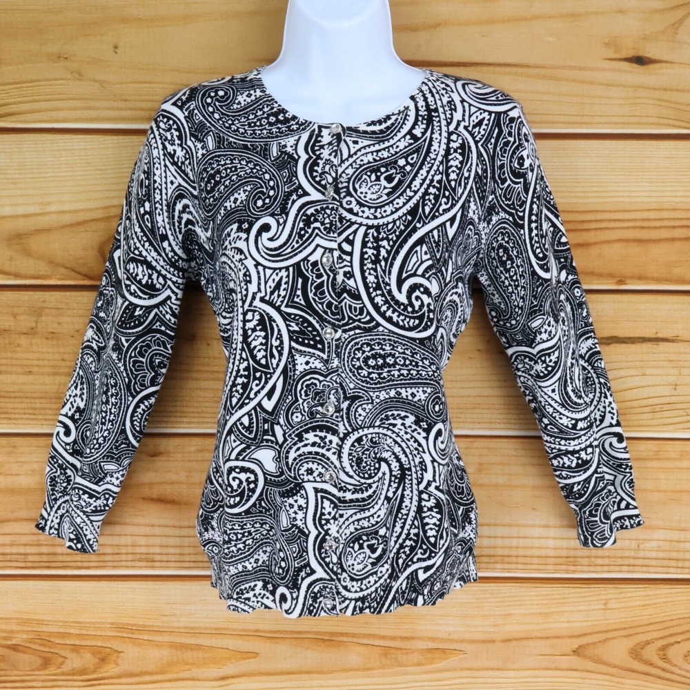 Cable & Gauge Button Up Shirt Womens M Black White Paisley Cotton Nylon‎ Stretch